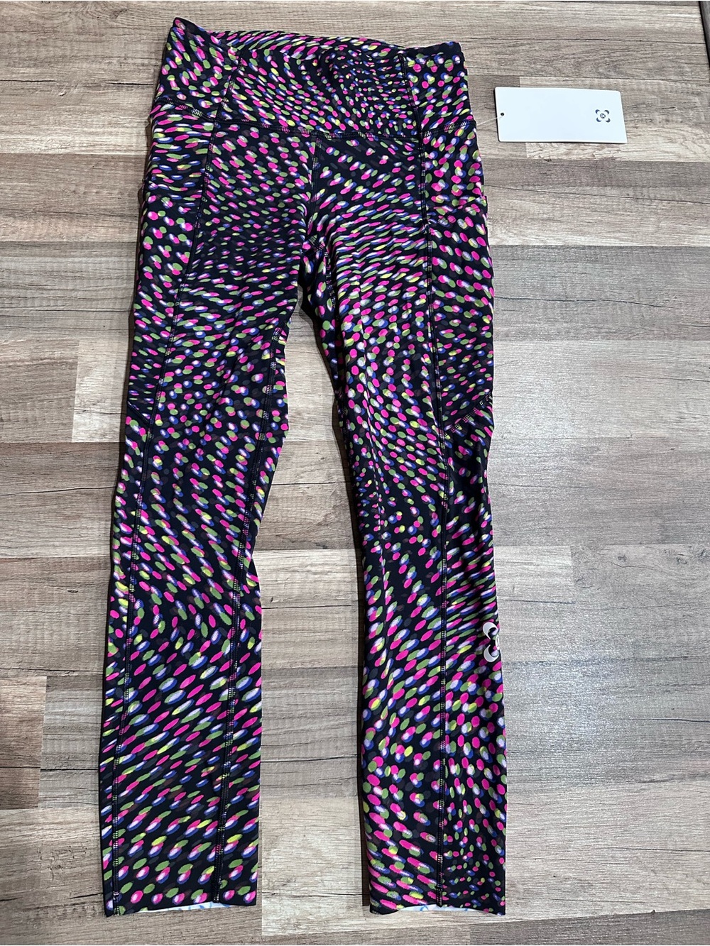 lululemon athletica Black Leggings with Pink, Green & Blue Dot Swirl Print